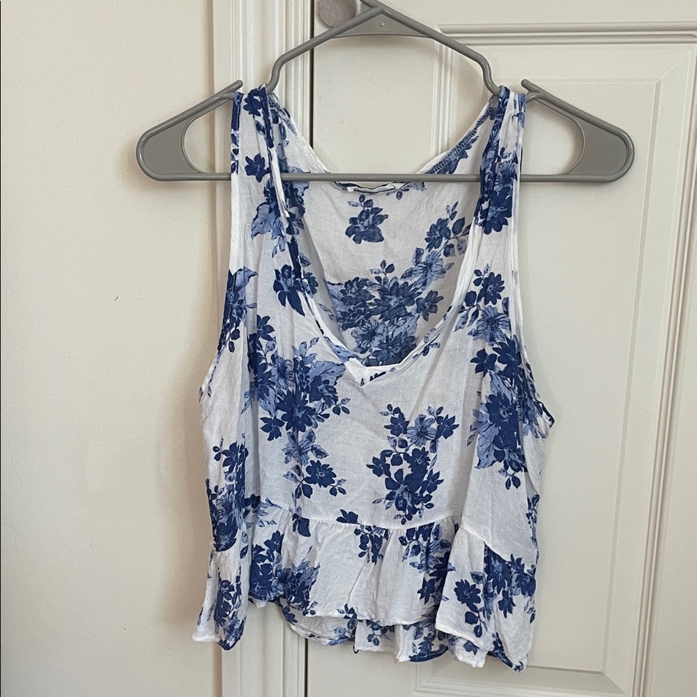 Honey Punch White Tank Top with Blue Floral Print